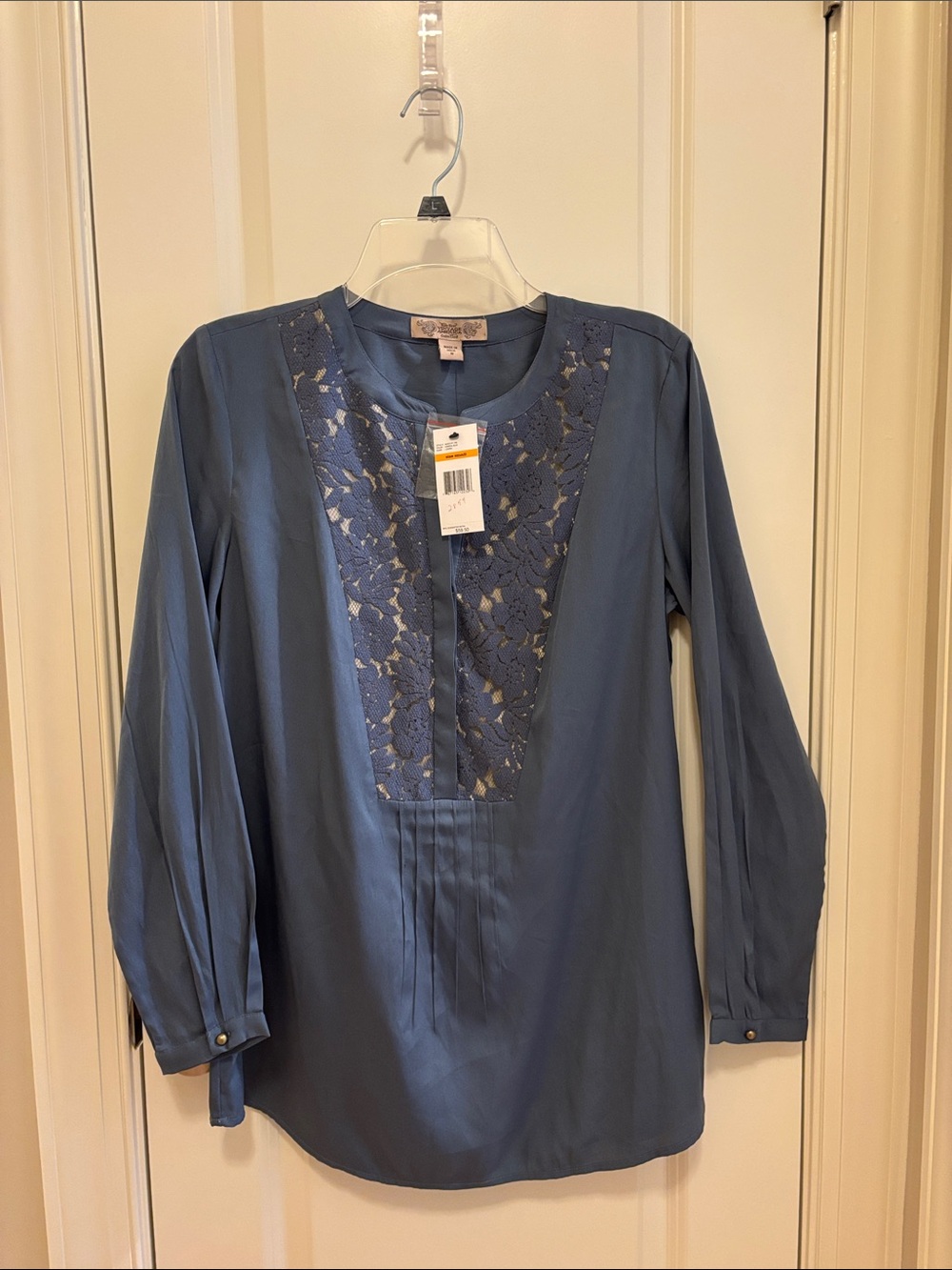 Nine West Slate Blue Lace-Front Long Sleeve Blouse